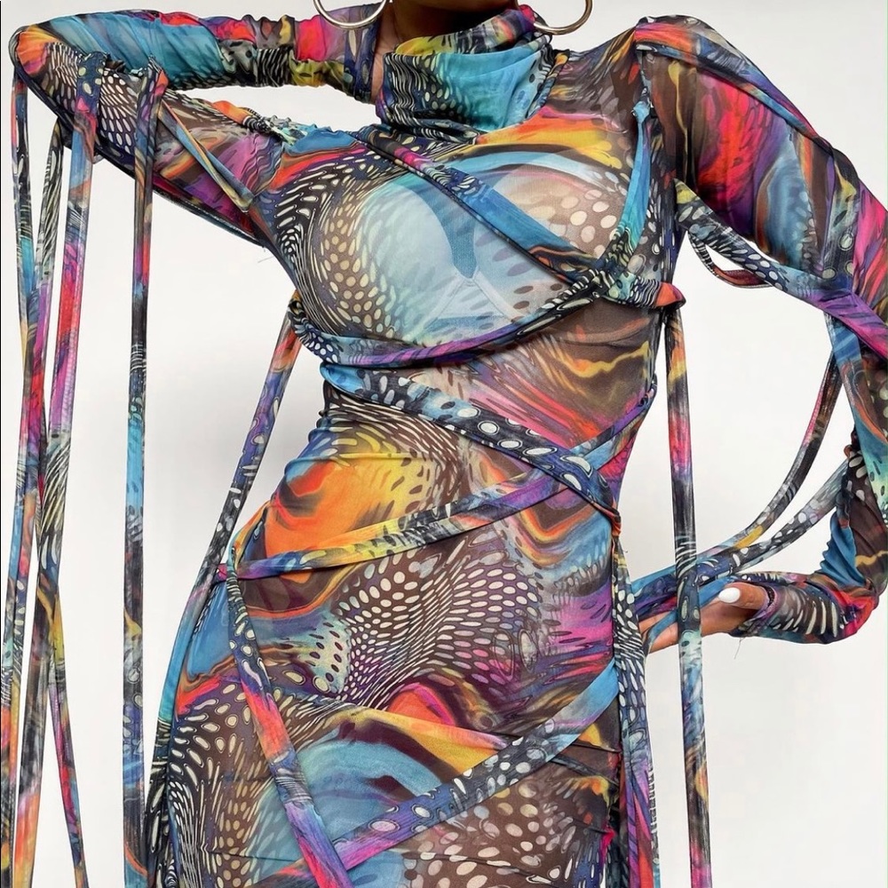 TLZFEMME Multicolored Mesh Mini  Dress Size M